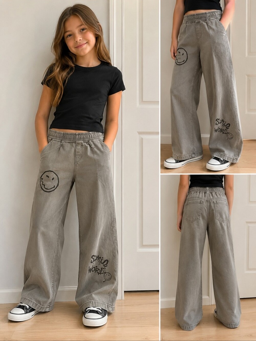 3/$15  H&M Gray Wide-Leg Chinos with Smiley Graphics